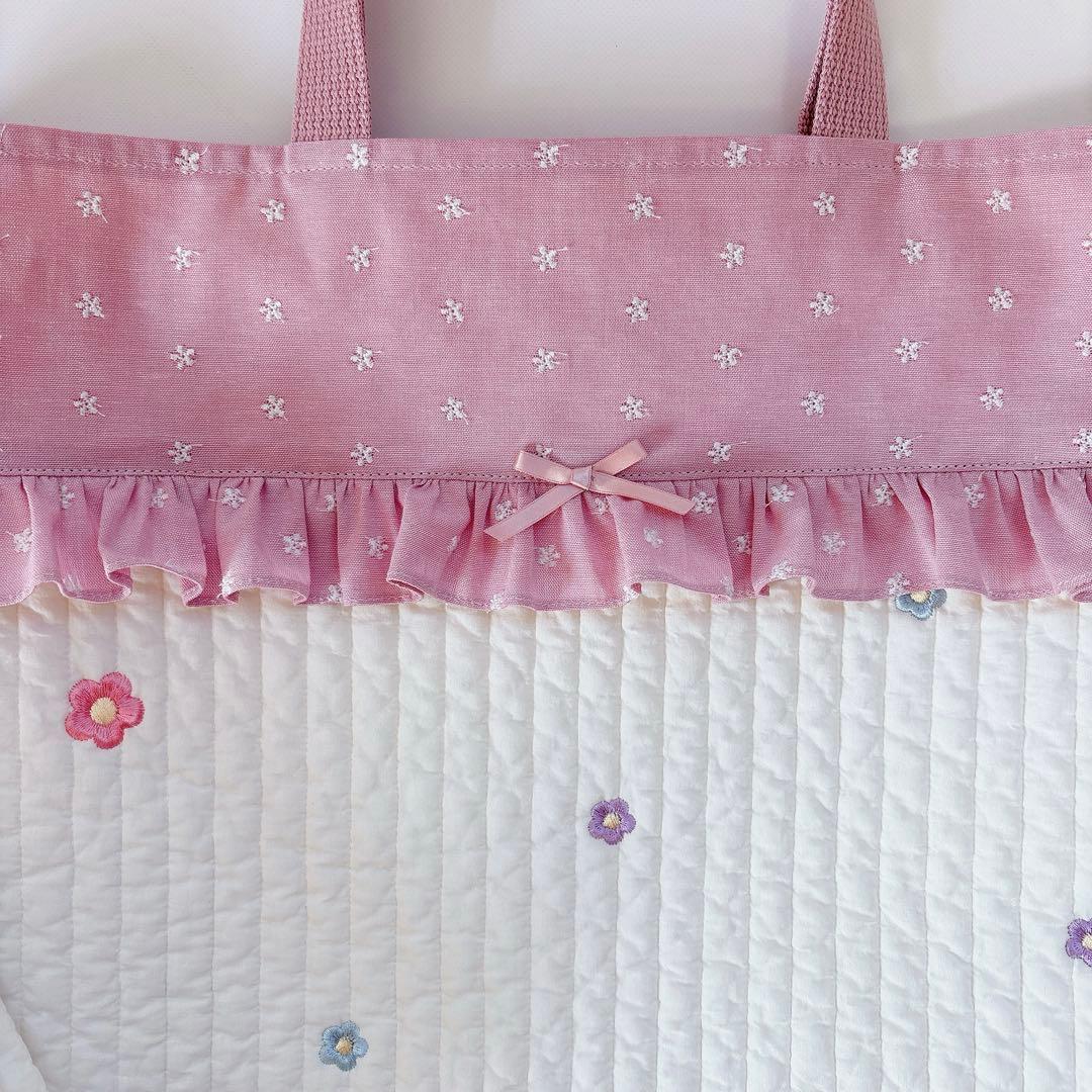 ダンガリー　小花　刺繍生地　ヌビ　キルト　キルティング　レッスンバッグ　上履き袋