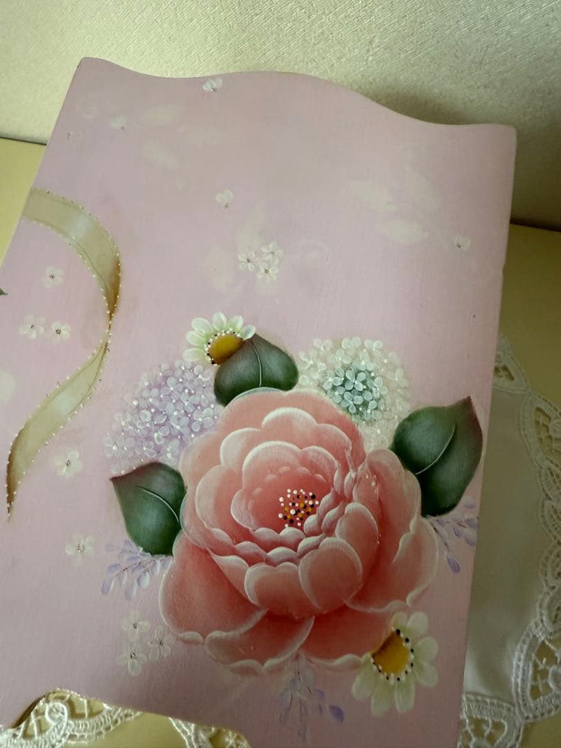 トールペイント作品　ピンクのバラ柄木製　ダストボックス