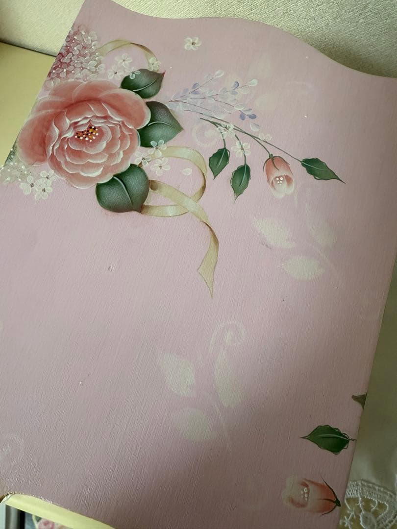 トールペイント作品　ピンクのバラ柄木製　ダストボックス