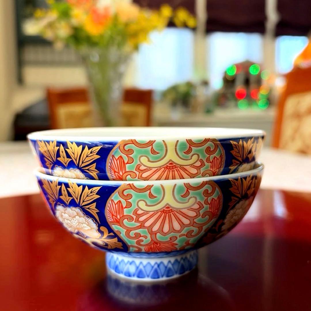 ー深川製磁ー 【未使用】 宮内庁御用達 金襴手 古伊万里唐草 夫婦組茶碗