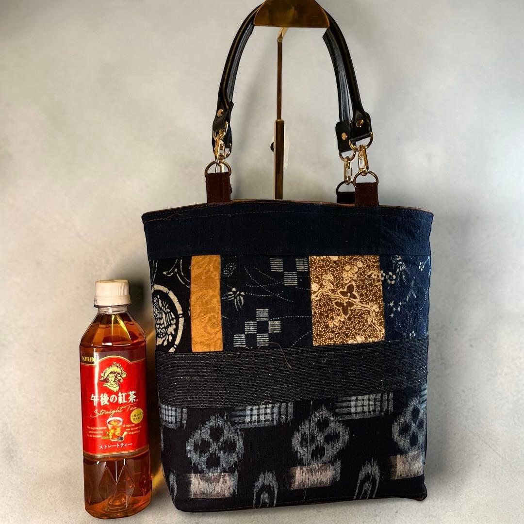 【本革ハンドル×酒袋＆藍染】両面デザイン トートバッグ／リバーシブル風