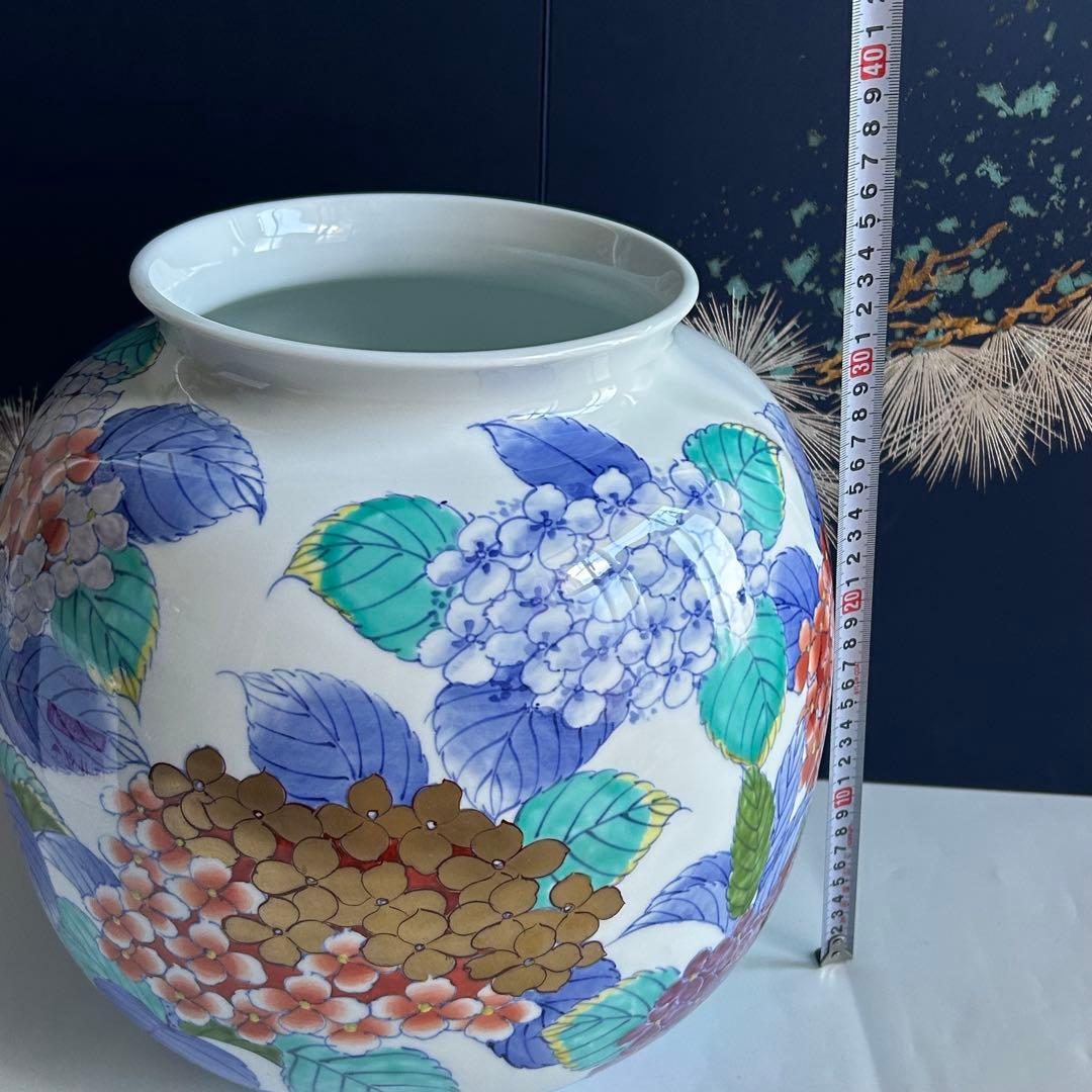 文右衛門作 錦あじさい絵　手描き　壺　花瓶　花器 インテリア　大きい　桐箱付