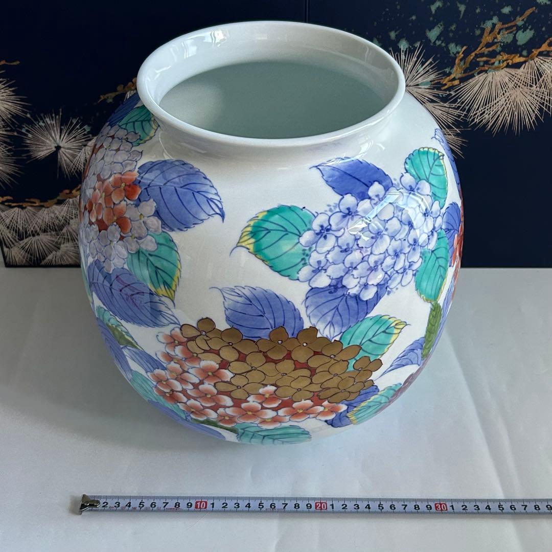 文右衛門作 錦あじさい絵　手描き　壺　花瓶　花器 インテリア　大きい　桐箱付
