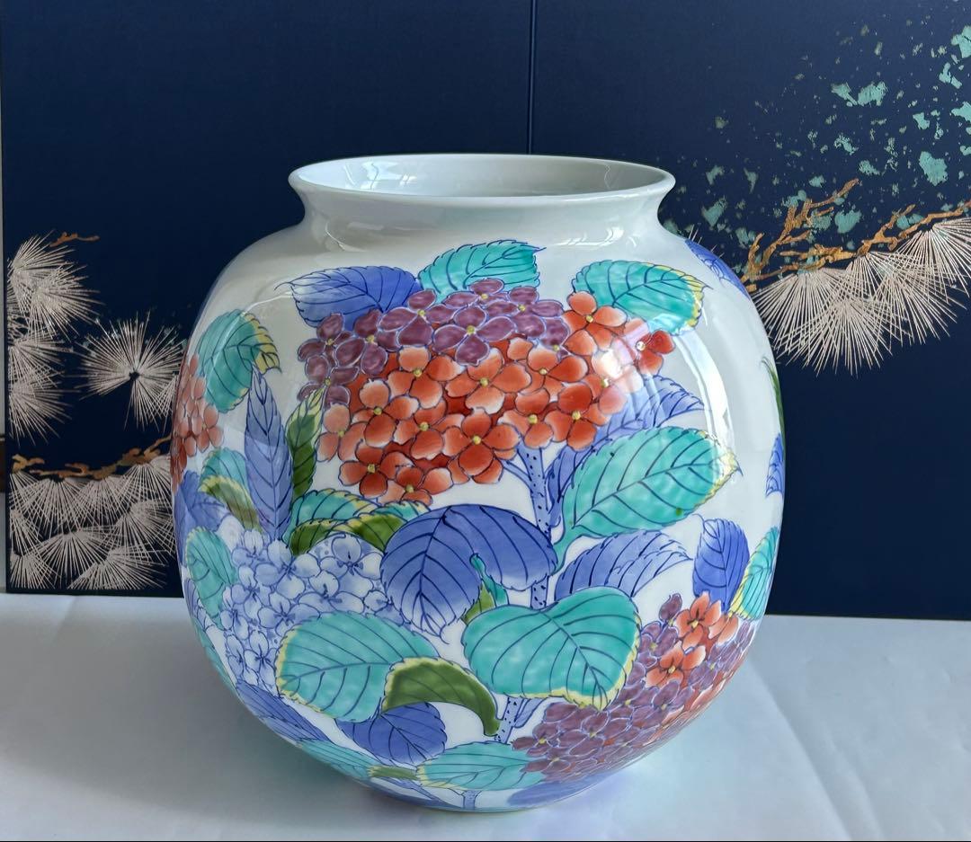 文右衛門作 錦あじさい絵　手描き　壺　花瓶　花器 インテリア　大きい　桐箱付