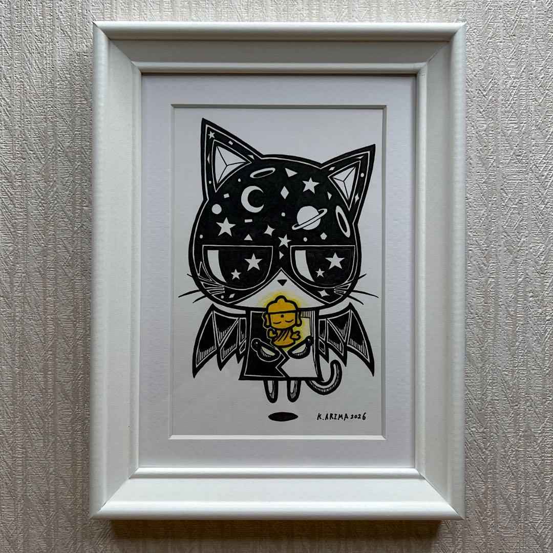 動物 原画 絵 手描き 癒し 猫 仏様 一点物 額縁付き 『ほとけニャン』