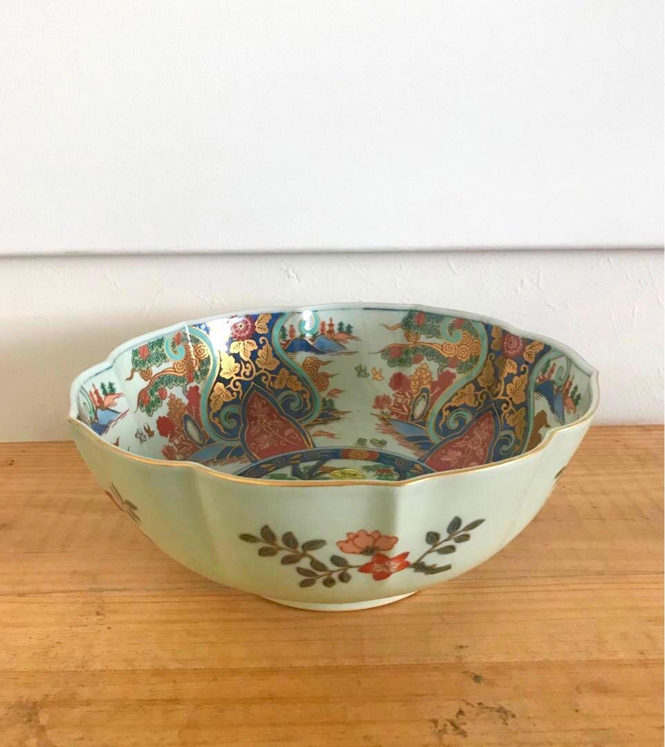 未使用品！有田焼 弥左衛門窯 金彩 古伊万里 輪花鉢 紅葉 大鉢 大皿