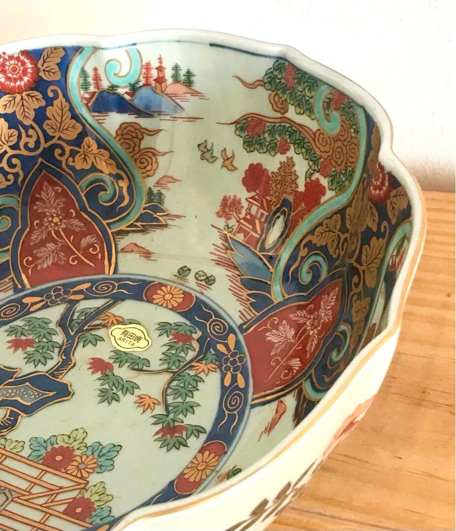 未使用品！有田焼 弥左衛門窯 金彩 古伊万里 輪花鉢 紅葉 大鉢 大皿