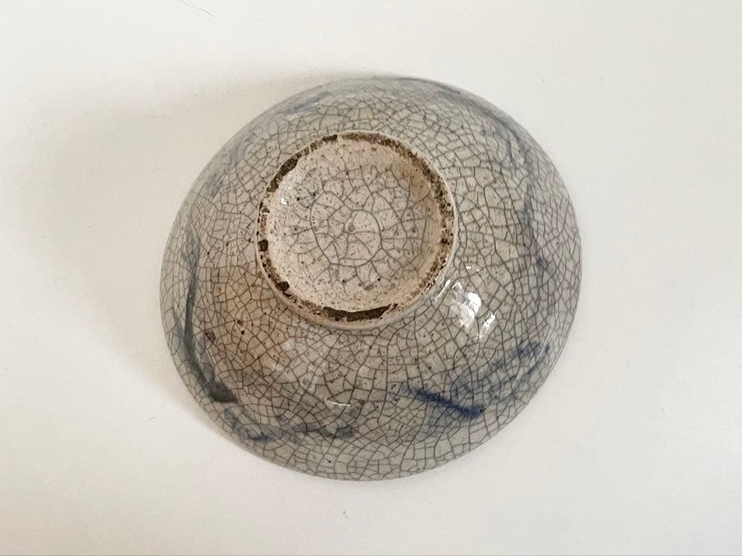 骨董　アンティーク　ひび焼き染付　罅焼　抹茶碗　平茶碗　金継ぎ　中野焼　箱なし