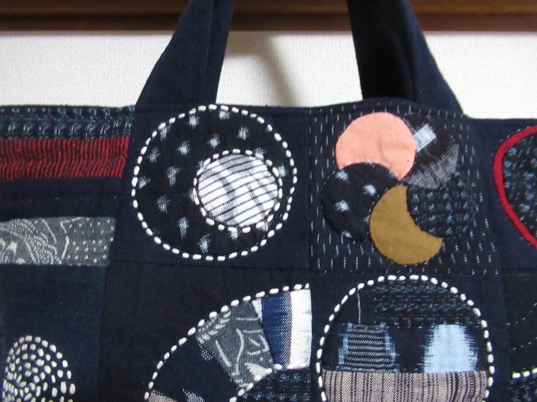 絣に刺し子のパッチワークバッグ　ハンドメイド