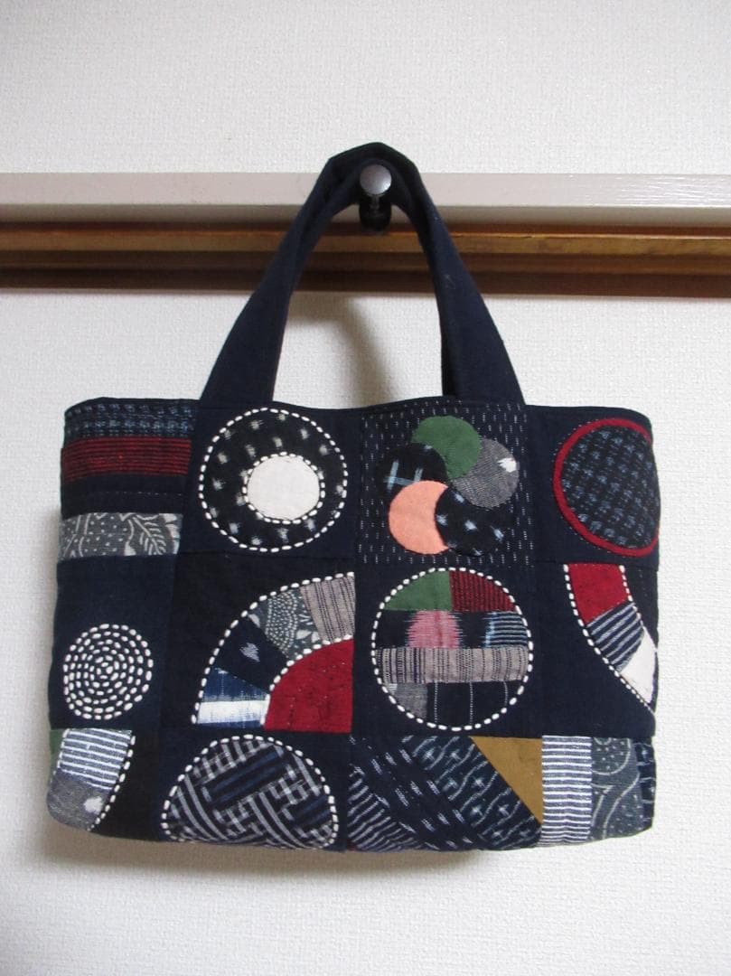 絣に刺し子のパッチワークバッグ　ハンドメイド