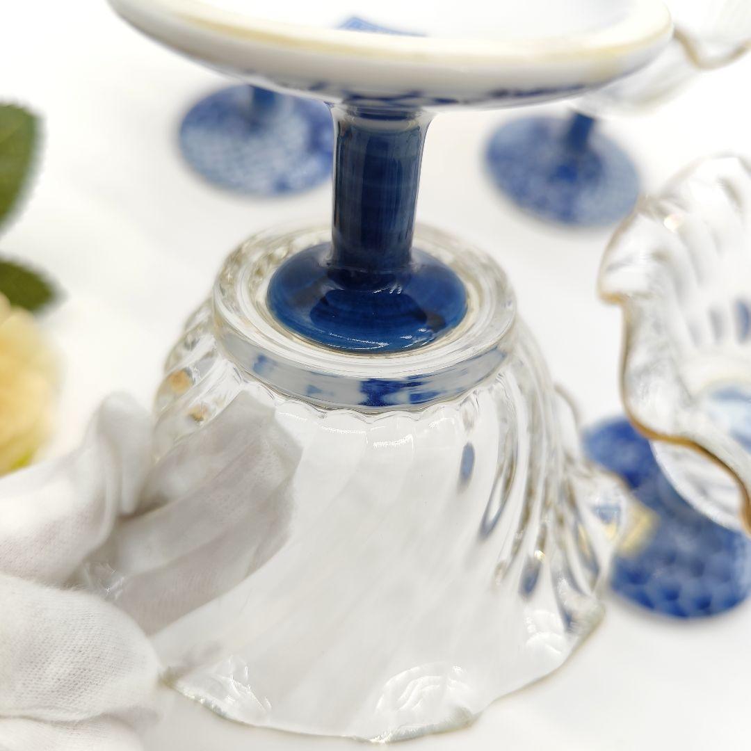 三洋陶器 龍峰窯　染付捻祥瑞　ガラスデザート鉢　足付高台小鉢　金彩５客