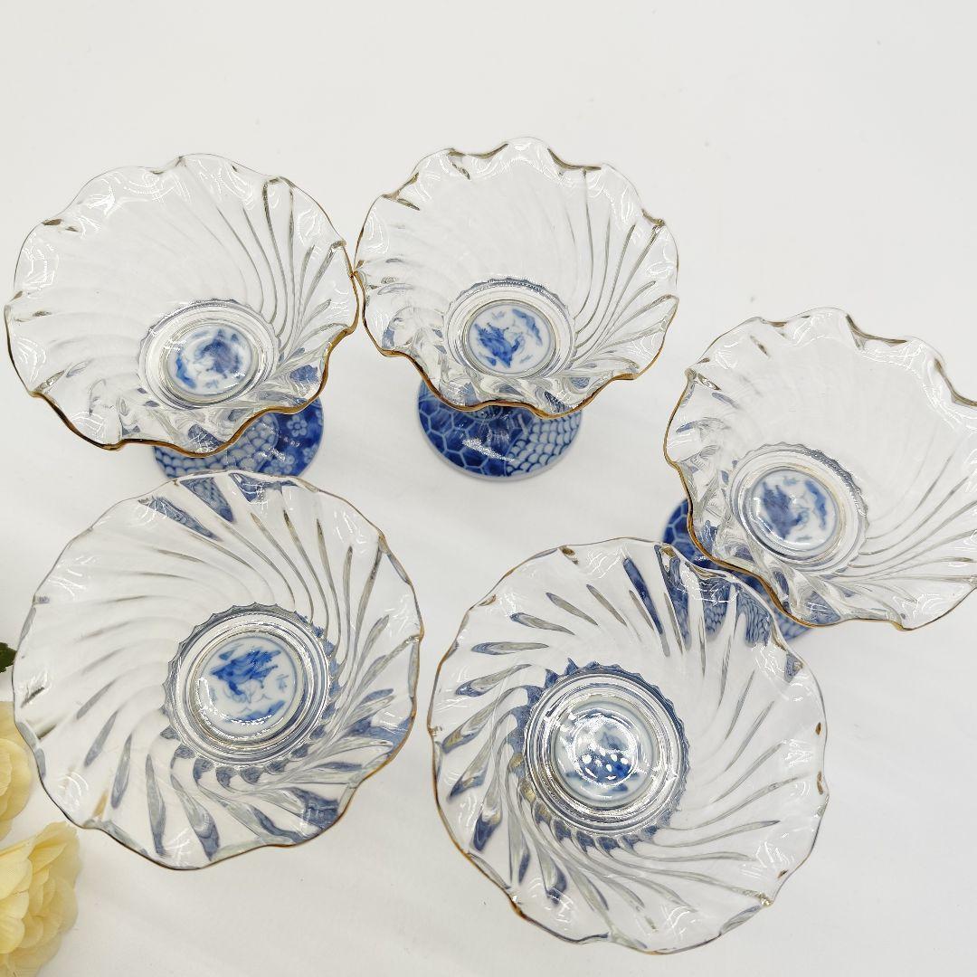 三洋陶器 龍峰窯　染付捻祥瑞　ガラスデザート鉢　足付高台小鉢　金彩５客