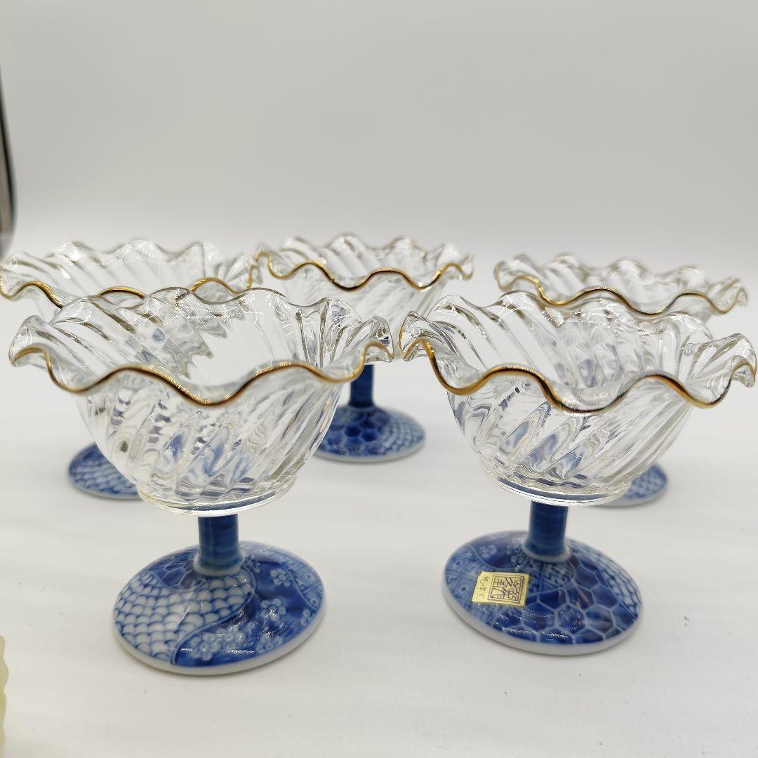 三洋陶器 龍峰窯　染付捻祥瑞　ガラスデザート鉢　足付高台小鉢　金彩５客