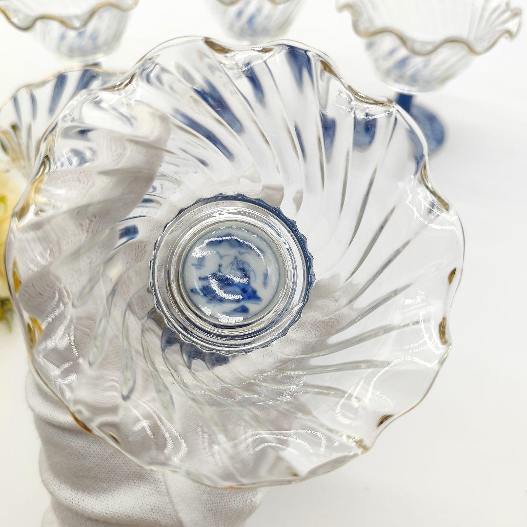 三洋陶器 龍峰窯　染付捻祥瑞　ガラスデザート鉢　足付高台小鉢　金彩５客