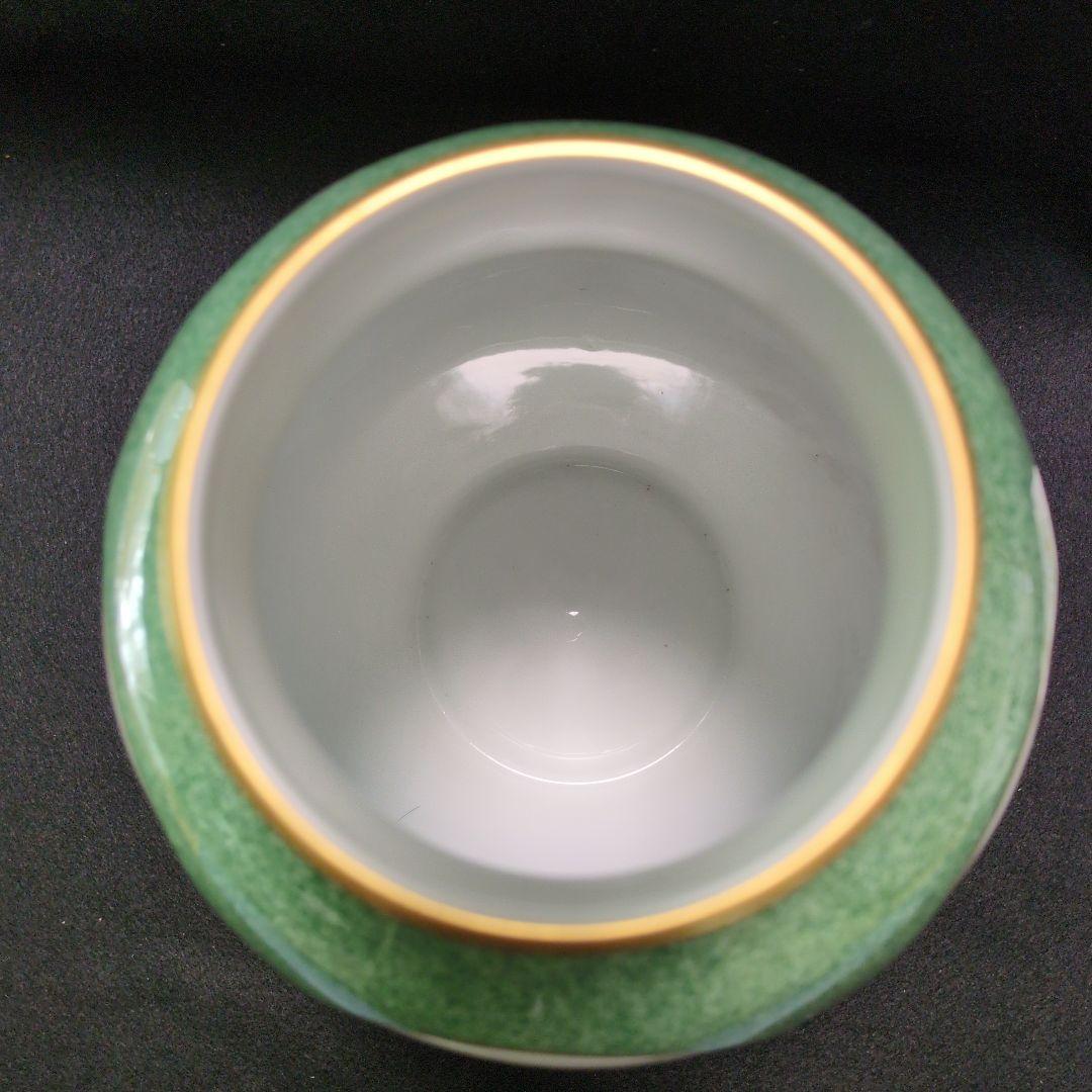 花柄陶器花瓶 緑色 釉薬