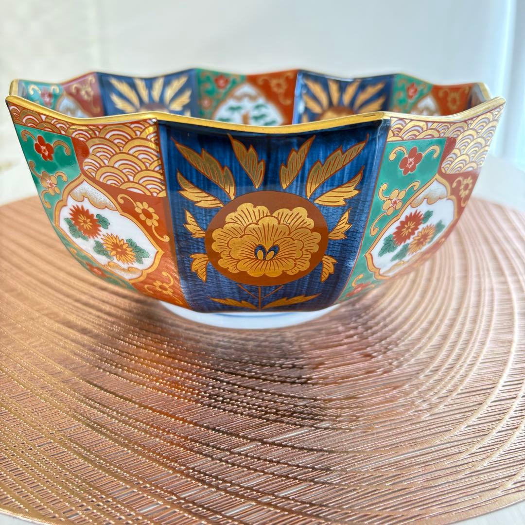 ❇︎未使用❇︎ 有田焼 青藍窯 古伊万里 金襴手 十角鉢 深鉢 菓子鉢 深皿 金彩