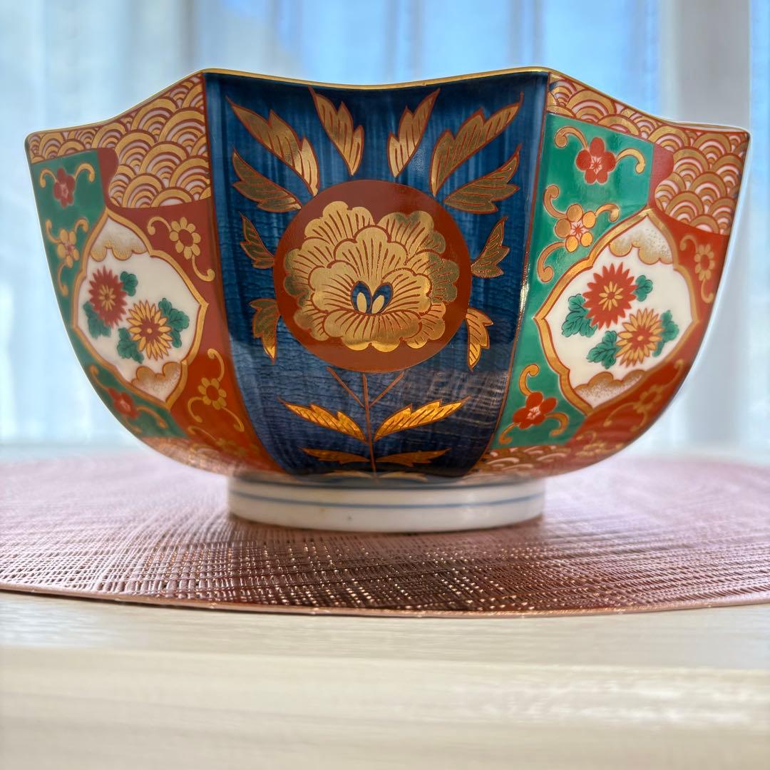❇︎未使用❇︎ 有田焼 青藍窯 古伊万里 金襴手 十角鉢 深鉢 菓子鉢 深皿 金彩