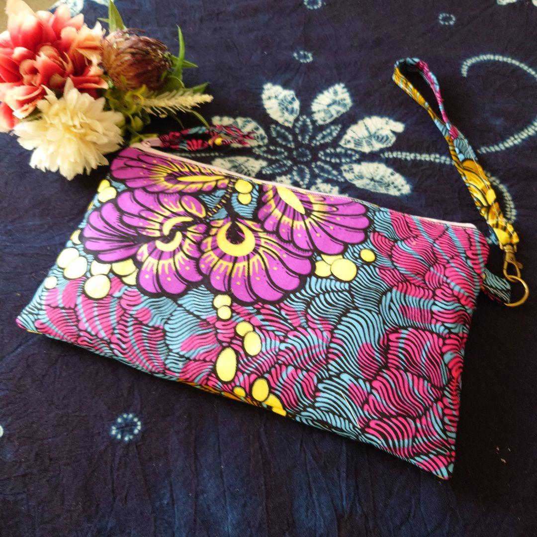 アフリカ布シリーズ　トートバッグBIGハンドメイド　ブルーゴールドラメ入　ポーチ