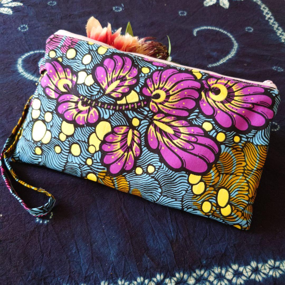 アフリカ布シリーズ　トートバッグBIGハンドメイド　ブルーゴールドラメ入　ポーチ