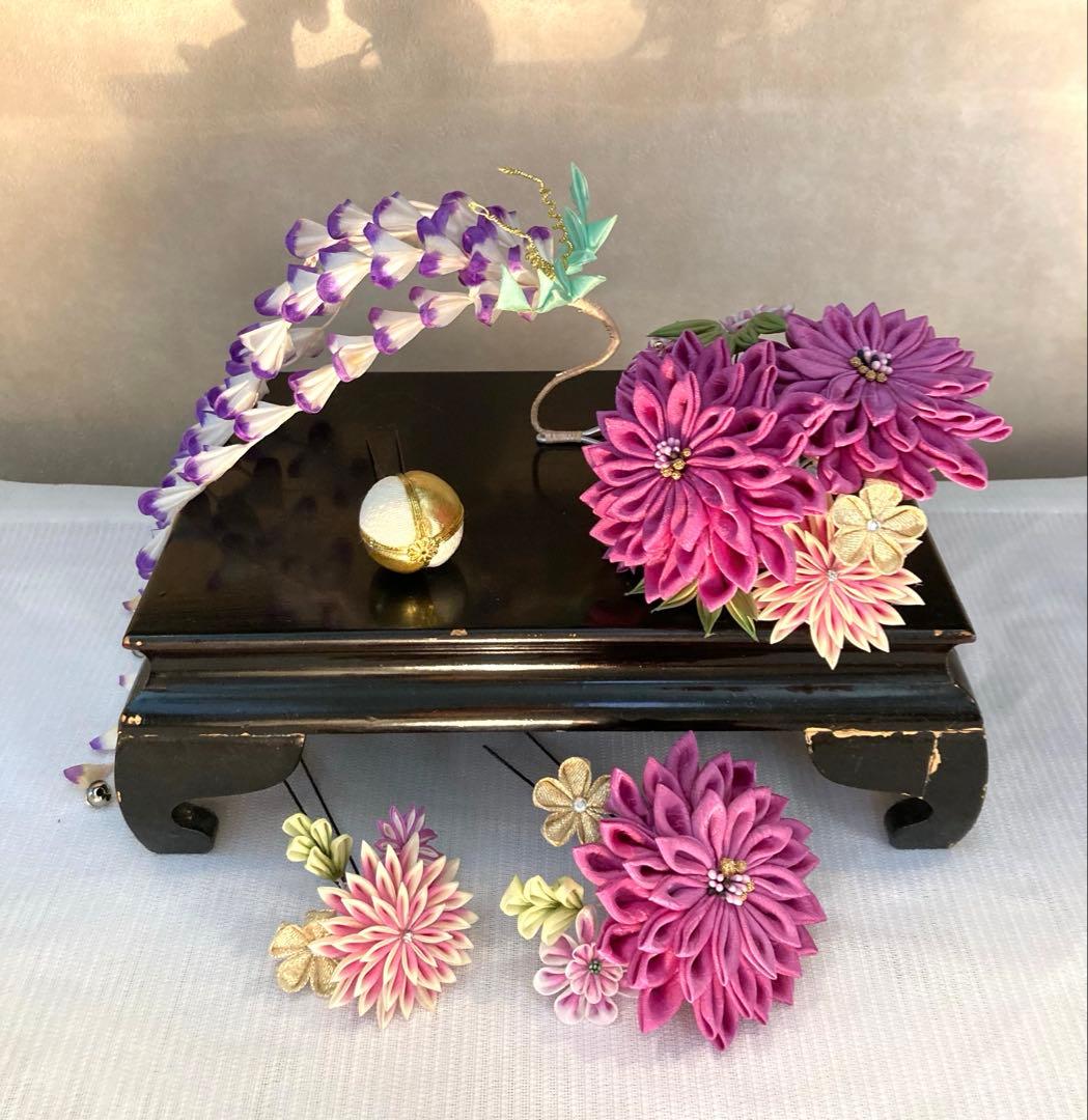 専用　紫菊花簪　藤下り　櫛平打ち簪　Uピン後挿し玉飾り　画像14鹿の子ちんころ