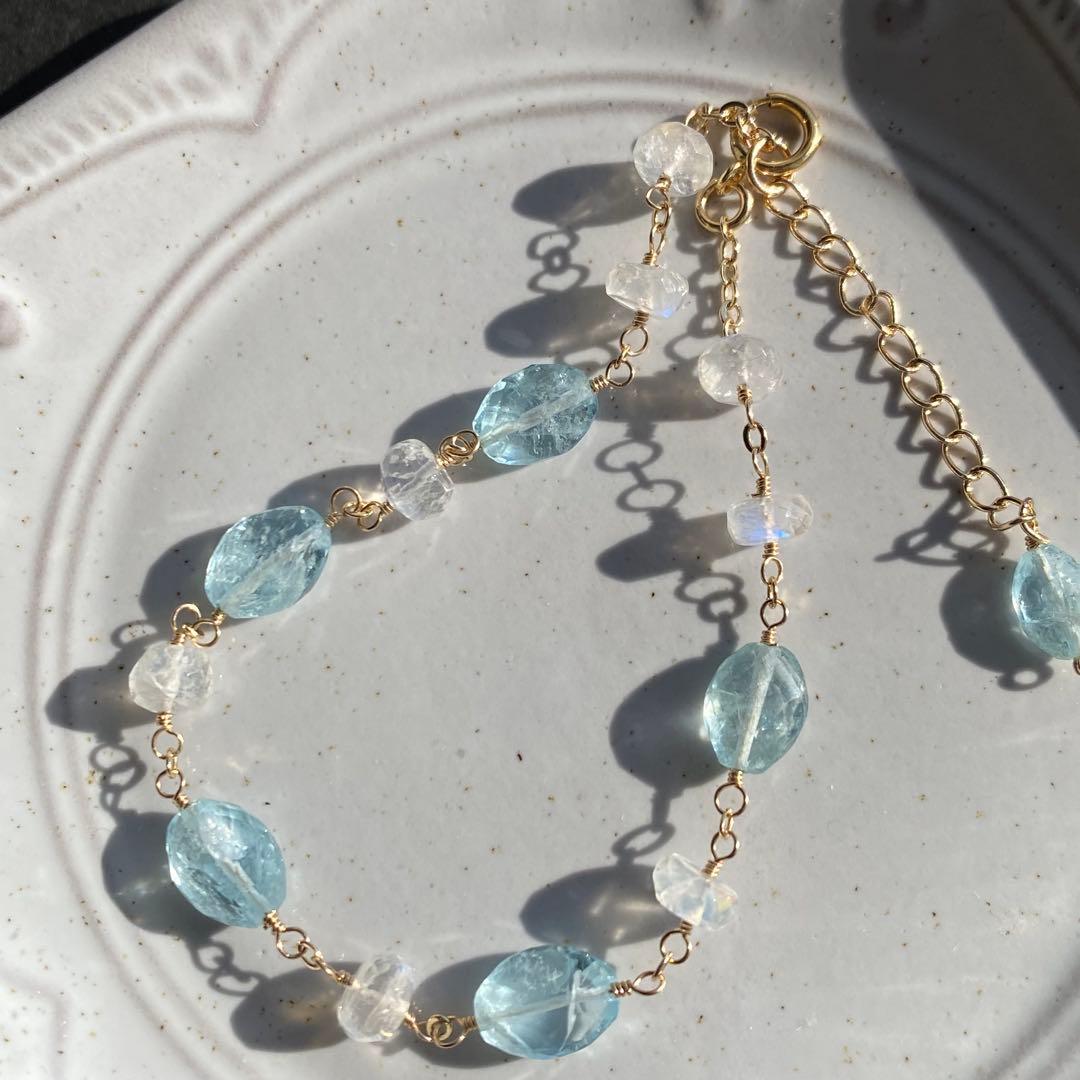 アクアマリン&ブルームーン✴︎14kgfブレスレットB191