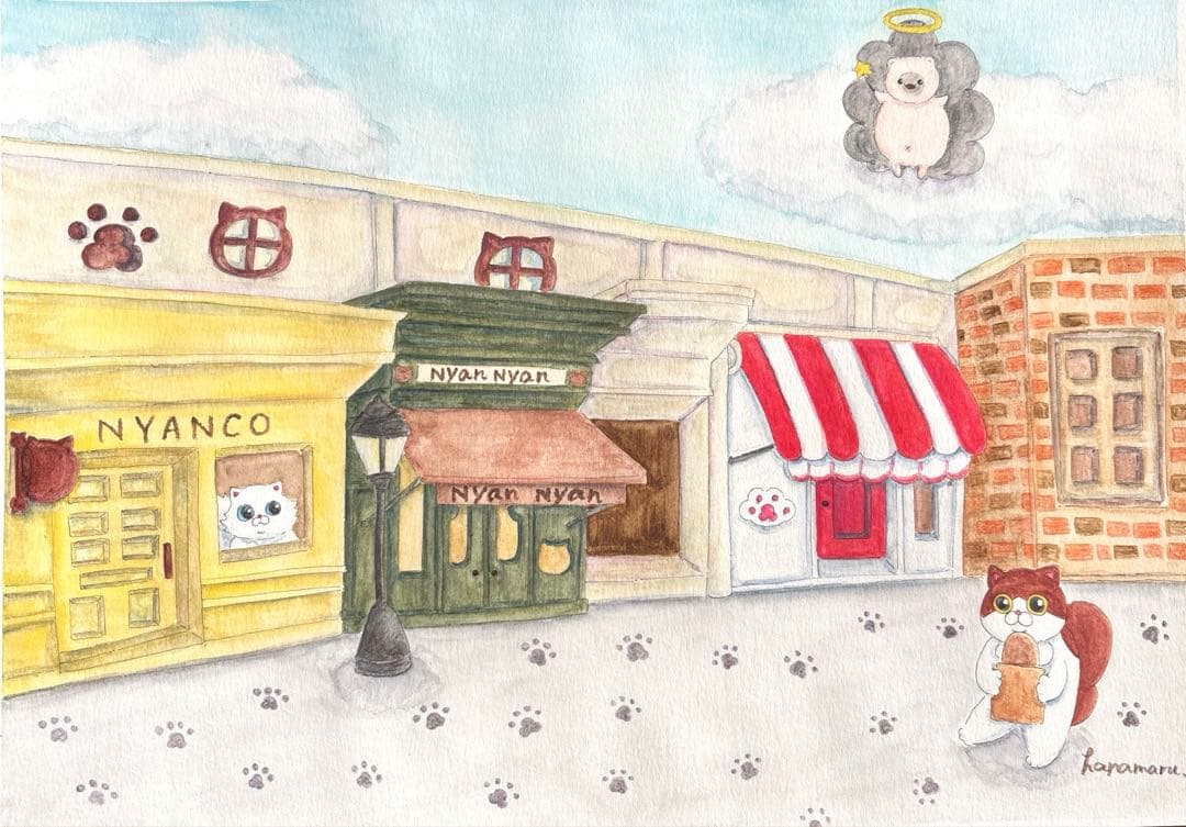 原画　ヨーロッパ風　猫の街　手描きイラスト　水彩　風景　街並み　猫　アナログ