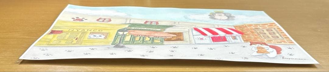 原画　ヨーロッパ風　猫の街　手描きイラスト　水彩　風景　街並み　猫　アナログ
