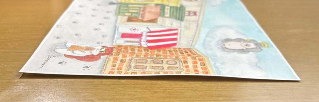 原画　ヨーロッパ風　猫の街　手描きイラスト　水彩　風景　街並み　猫　アナログ