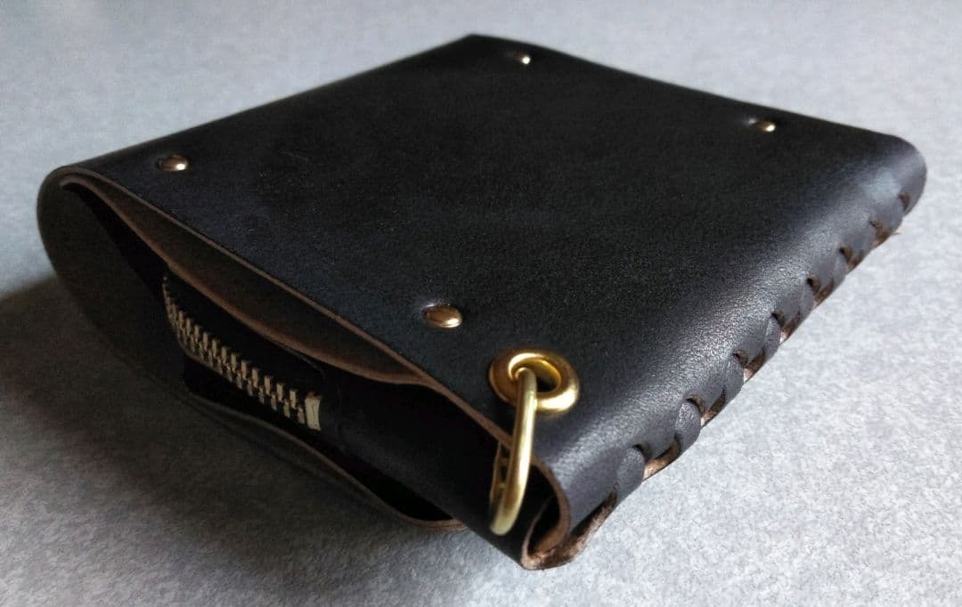 茶芯 染め★スマート・トラッカーウォレットＬ改　ブラック★栃木レザーヌメ革