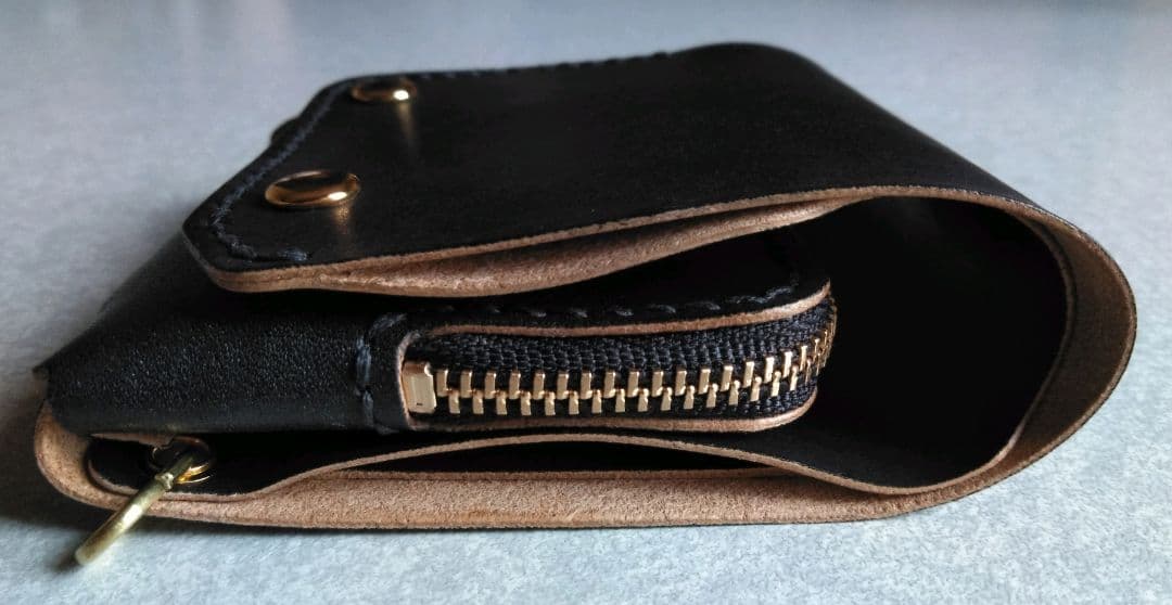 茶芯 染め★スマート・トラッカーウォレットＬ改　ブラック★栃木レザーヌメ革