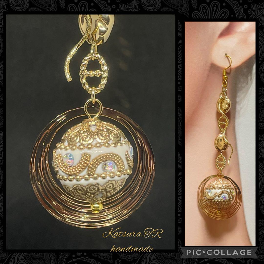 No.1132 クリームアジアンボールのロングピアス　オリエンタル　大ぶり