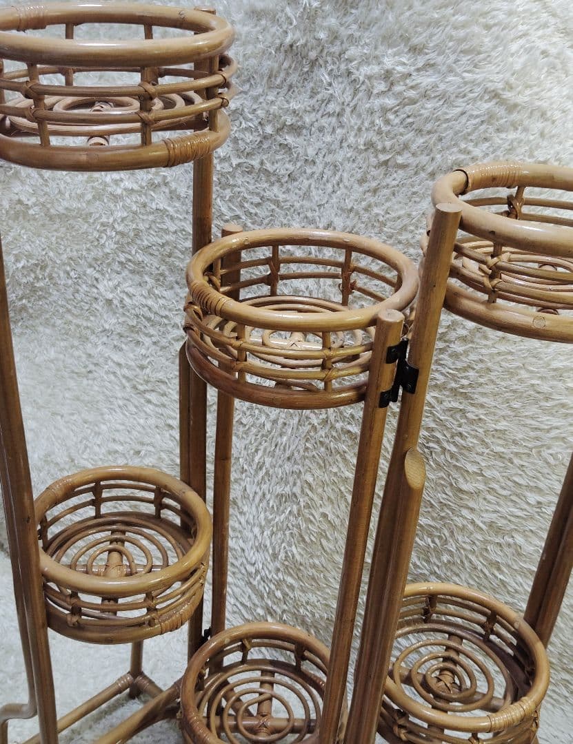 ラタン 花台 籐 3連 折りたたみ 高さ 112cm ヴィンテージ