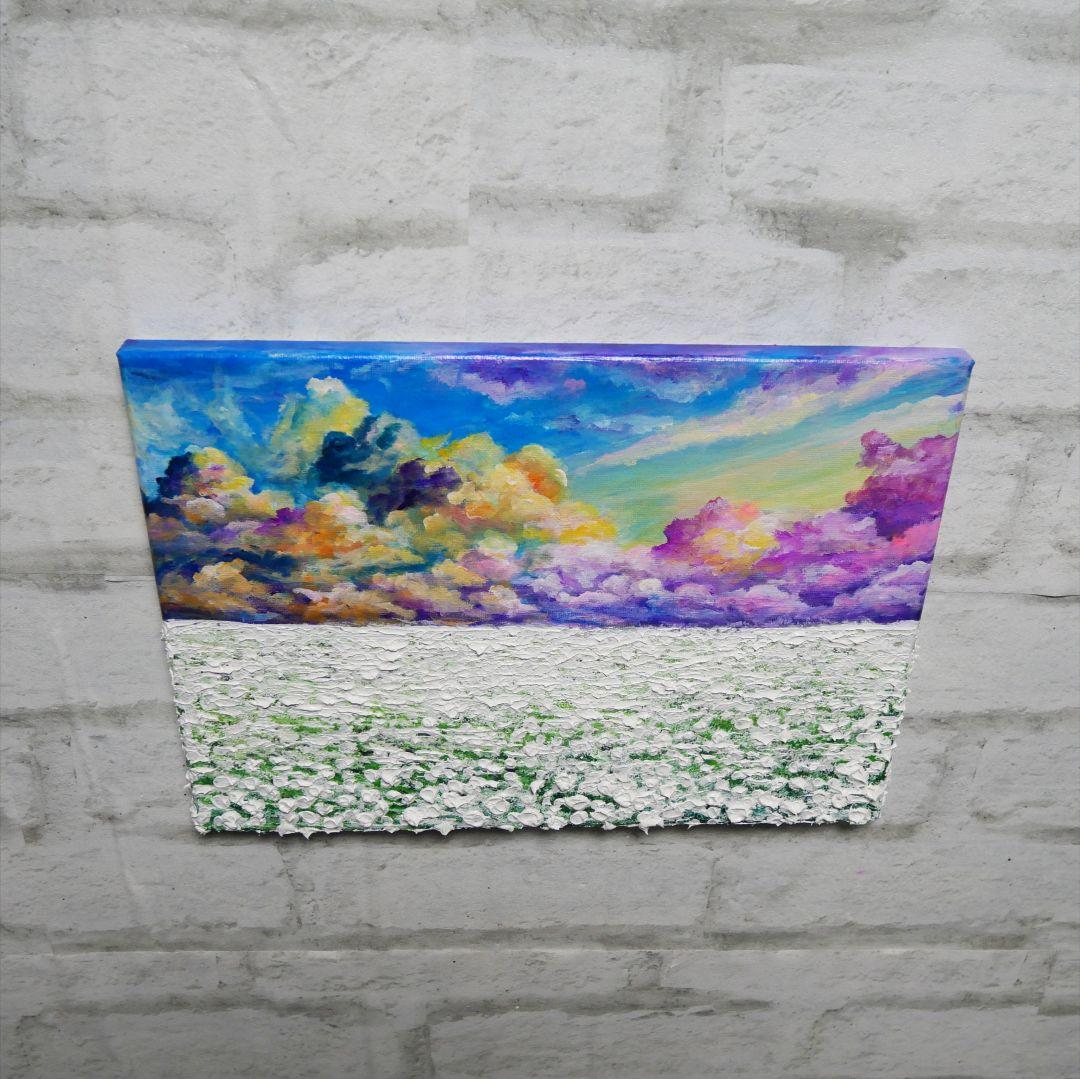 油絵 油彩 油彩画 絵 絵画【朝焼けの草原に咲く白い花と朝日】