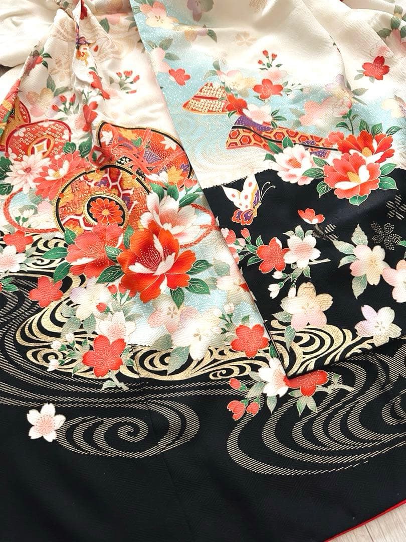 美品 七五三 7歳向け 正絹振袖＋袋帯セット 豪華金彩刺繍入り 古典柄 お祝い用