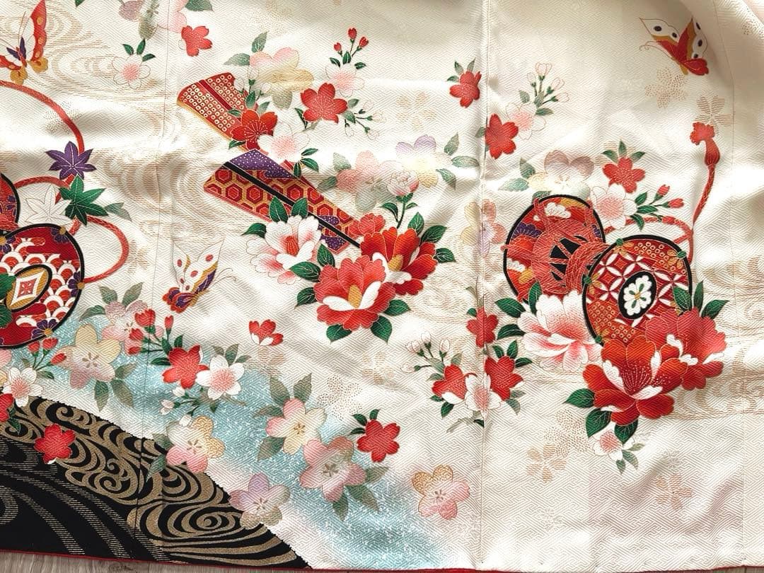 美品 七五三 7歳向け 正絹振袖＋袋帯セット 豪華金彩刺繍入り 古典柄 お祝い用