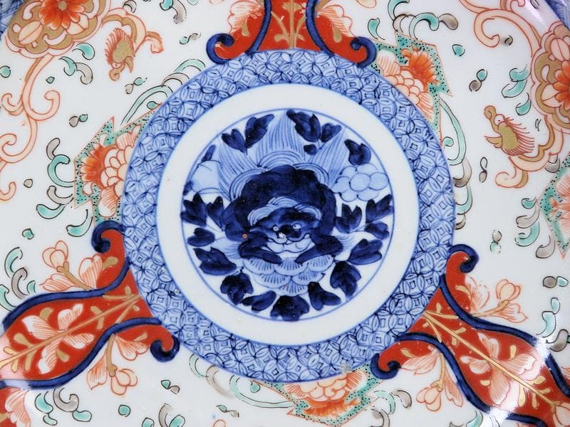 古伊万里　色絵　七宝繋紋に獅子の図　７寸半皿　B180AS-CZv