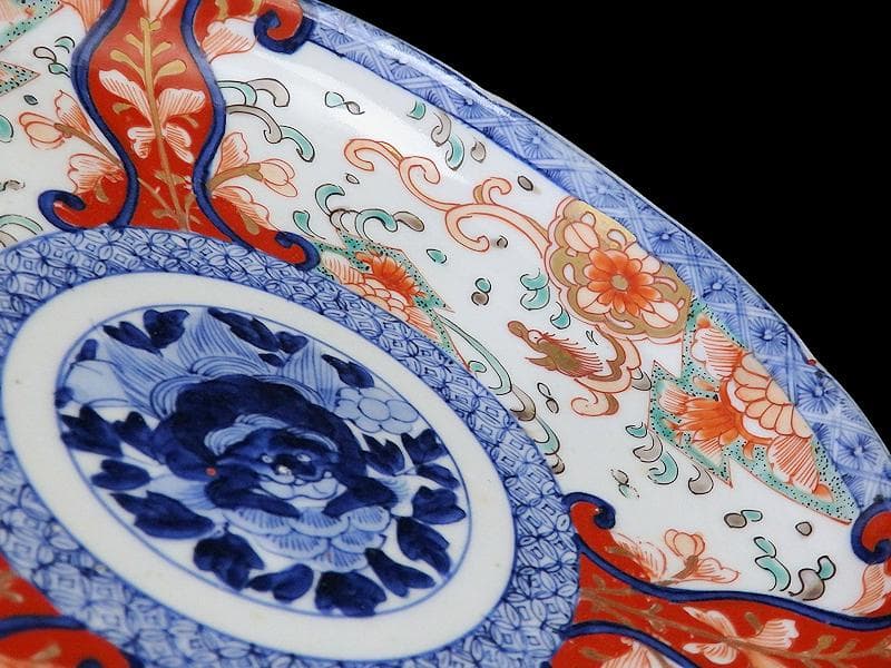 古伊万里　色絵　七宝繋紋に獅子の図　７寸半皿　B180AS-CZv