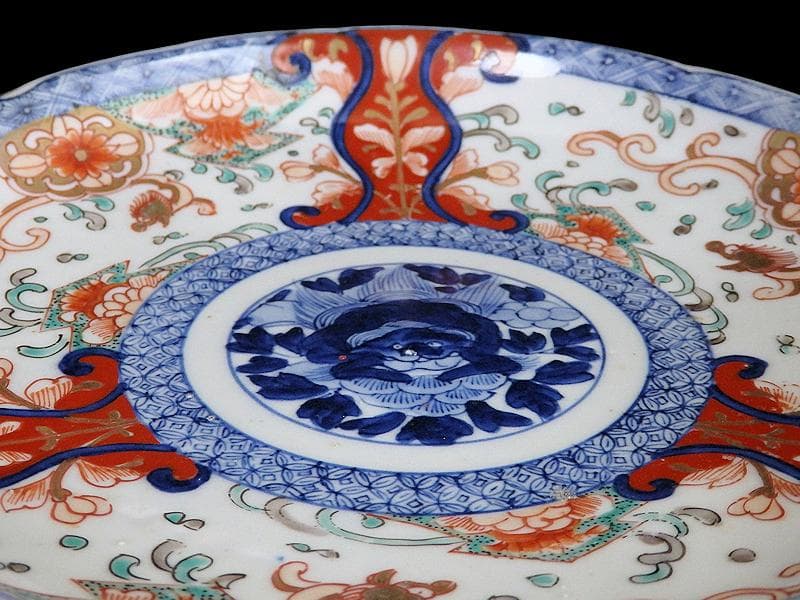 古伊万里　色絵　七宝繋紋に獅子の図　７寸半皿　B180AS-CZv