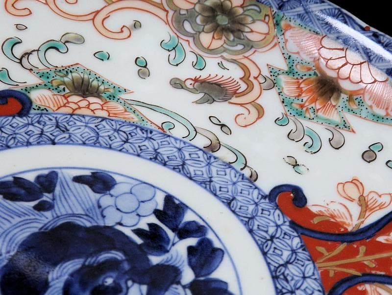 古伊万里　色絵　七宝繋紋に獅子の図　７寸半皿　B180AS-CZv