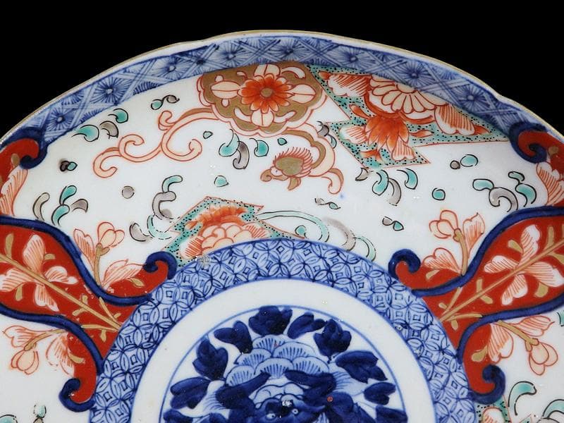 古伊万里　色絵　七宝繋紋に獅子の図　７寸半皿　B180AS-CZv