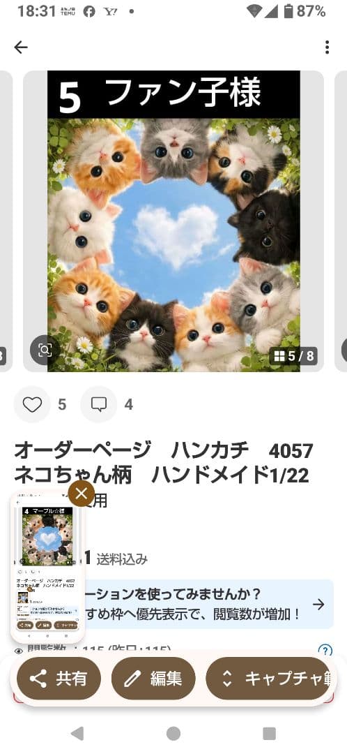 ご確認用　ファン子　ハンカチ　ねこちゃん柄1/18