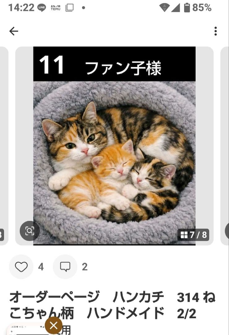 ご確認用　ファン子　ハンカチ　ねこちゃん柄1/18