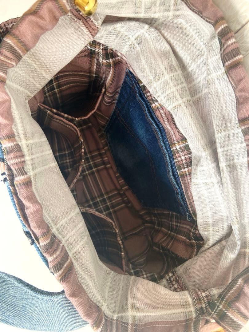 デニムリメイクバッグS チェック柄×うさぎ