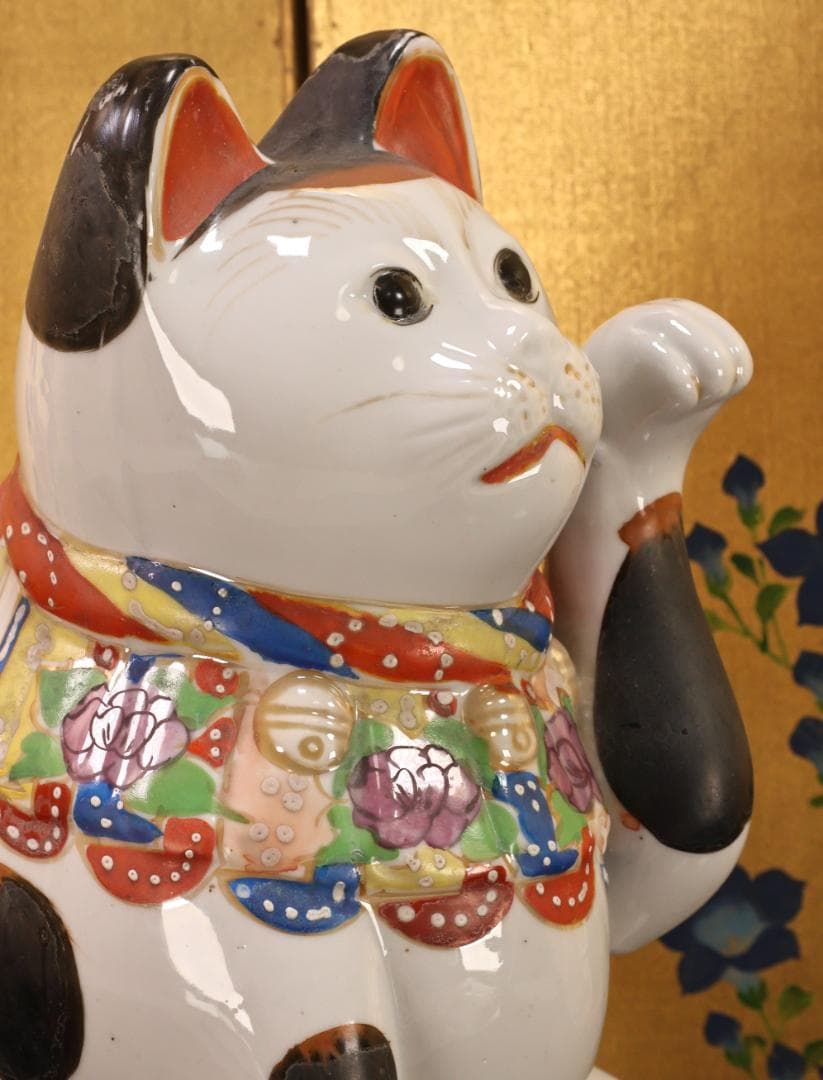 BK524　時代瀬戸焼　招き猫 左手 千客万来　置物　縁起物　古瀬戸　高さ29㎝