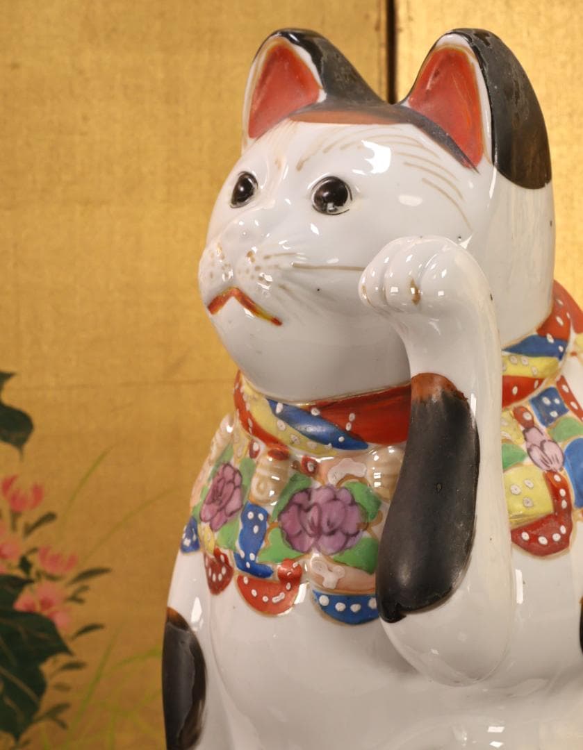 BK524　時代瀬戸焼　招き猫 左手 千客万来　置物　縁起物　古瀬戸　高さ29㎝