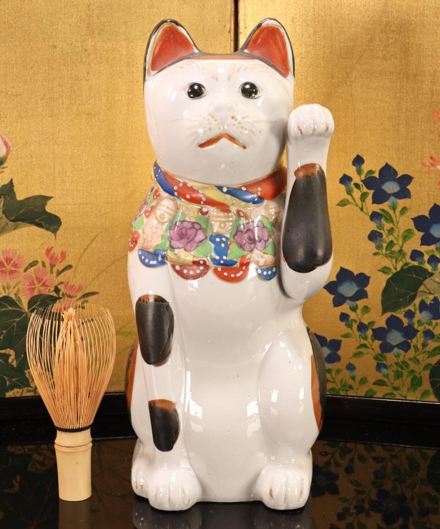 BK524　時代瀬戸焼　招き猫 左手 千客万来　置物　縁起物　古瀬戸　高さ29㎝