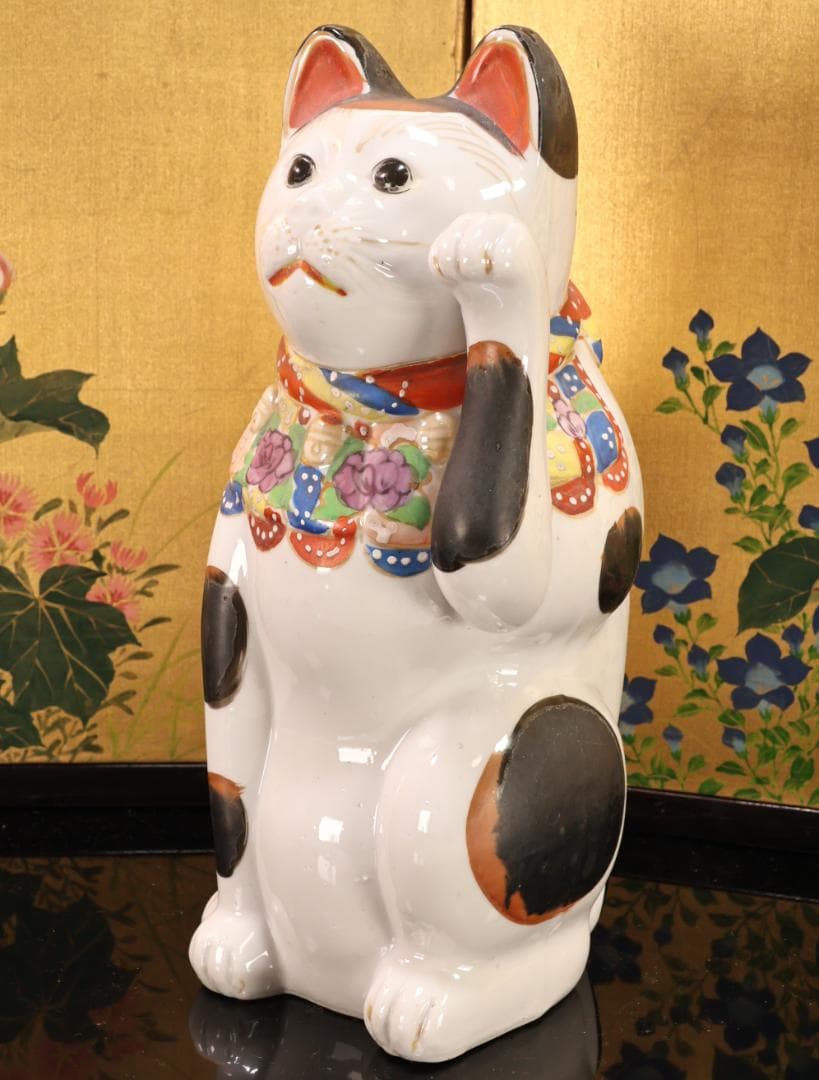 BK524　時代瀬戸焼　招き猫 左手 千客万来　置物　縁起物　古瀬戸　高さ29㎝