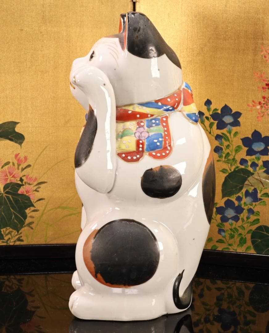 BK524　時代瀬戸焼　招き猫 左手 千客万来　置物　縁起物　古瀬戸　高さ29㎝