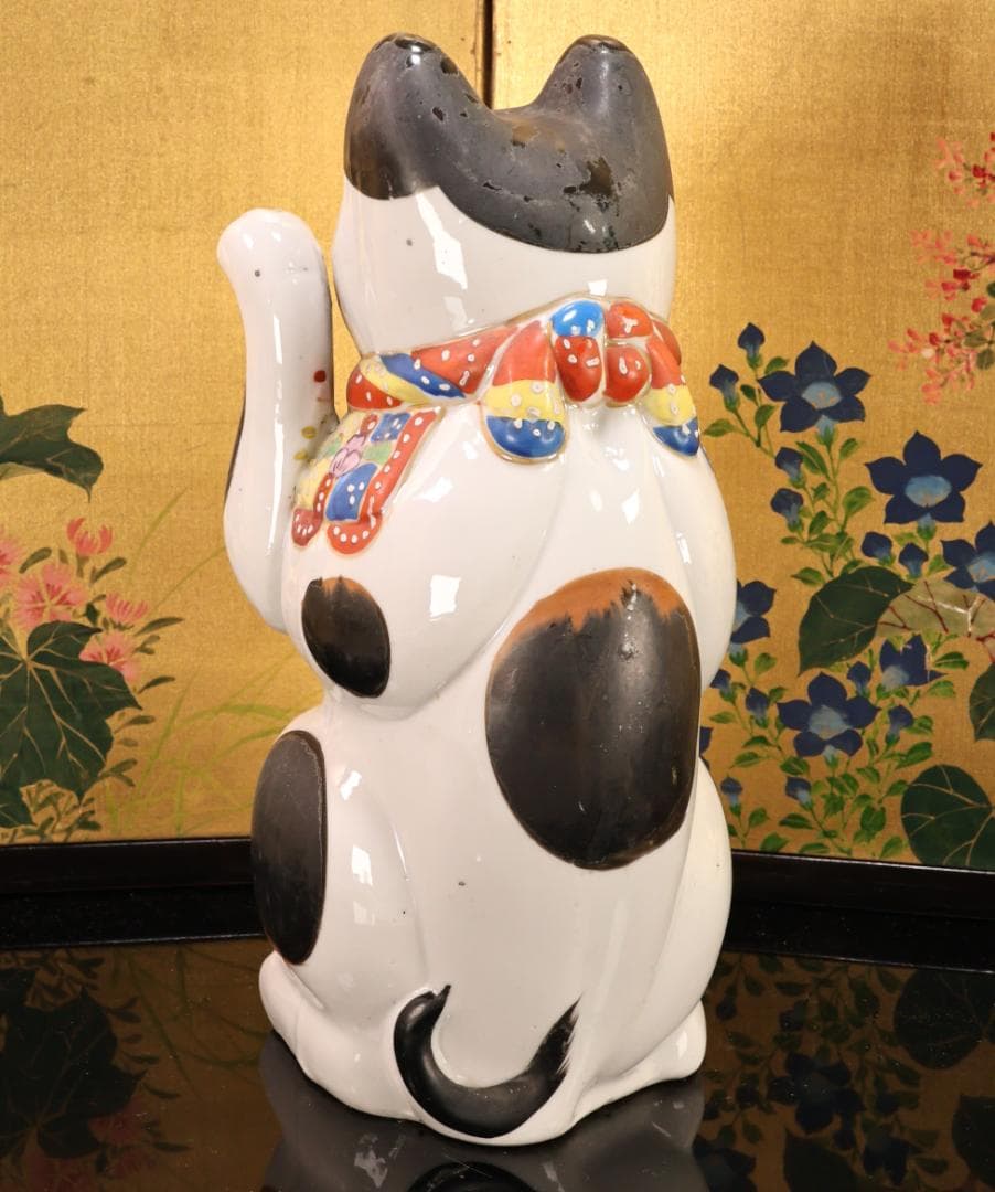 BK524　時代瀬戸焼　招き猫 左手 千客万来　置物　縁起物　古瀬戸　高さ29㎝