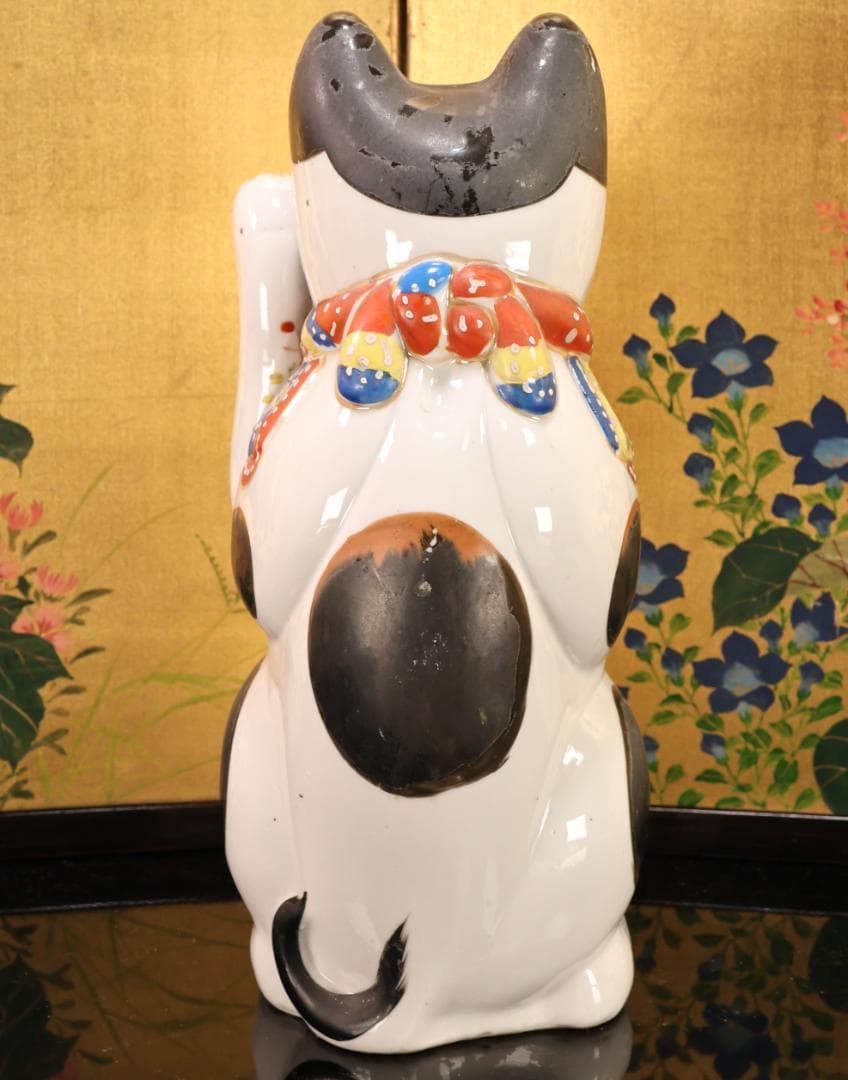 BK524　時代瀬戸焼　招き猫 左手 千客万来　置物　縁起物　古瀬戸　高さ29㎝